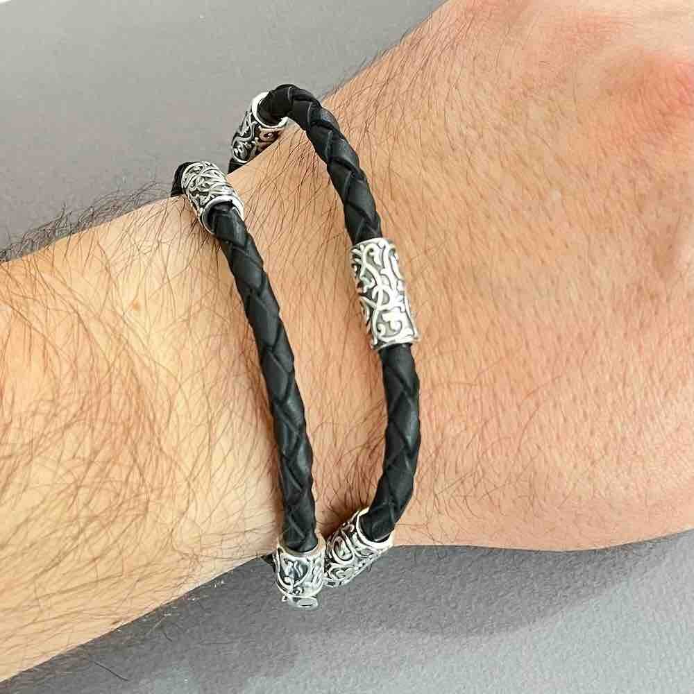 Купить Браслет из кожи и серебра "Византийский узор" (12293)