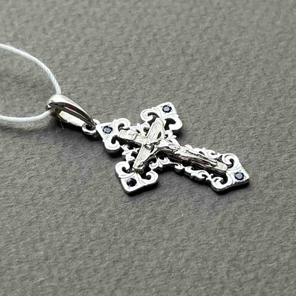 Купить Крест из белого золота "Спаси и Сохрани" с сапфирами (41526)