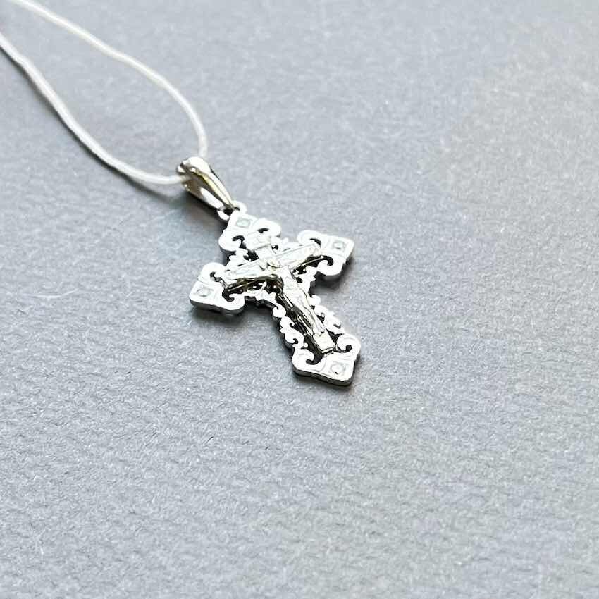 Купить Крест из белого золота "Спаси и Сохрани" с фианитами (41285)