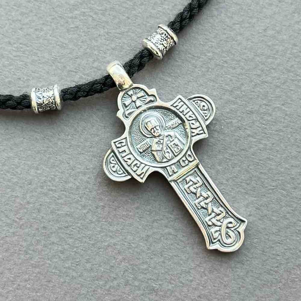 Купить Крест из серебра "Святой Николай Чудотворец" на гайтане (92514)