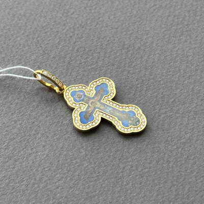 картинка Крест из желтого золота "Спаси и Сохрани" с бриллиантами и эмалью (41373) 