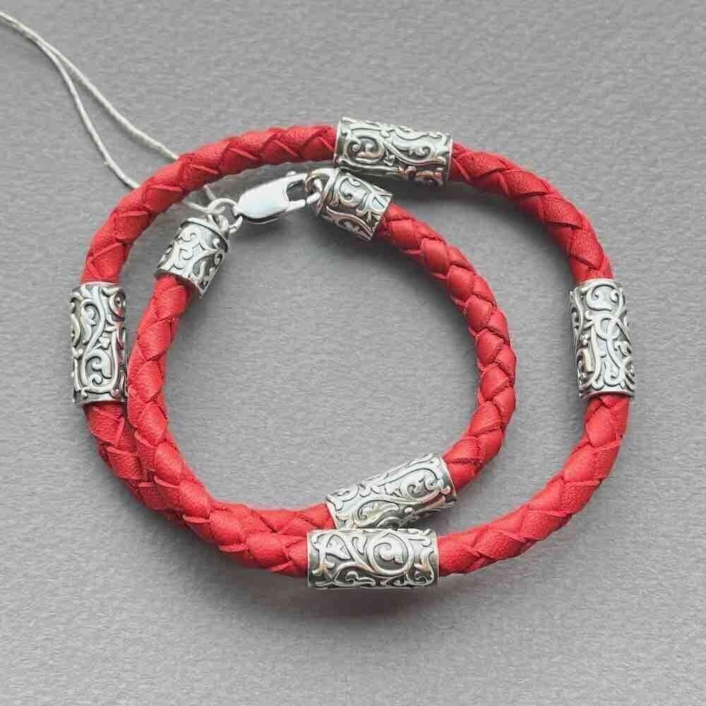 Купить Браслет из кожи и серебра "Византийский узор" (12294)