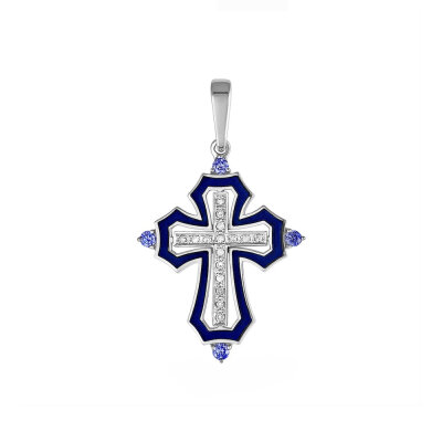 картинка Крест из серебра "Спаси и Сохрани" с эмалью и фианитами (42980) 