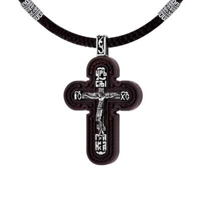 картинка Крест из дерева граб и серебра "Спаси и Сохрани" на гайтане (42655) 