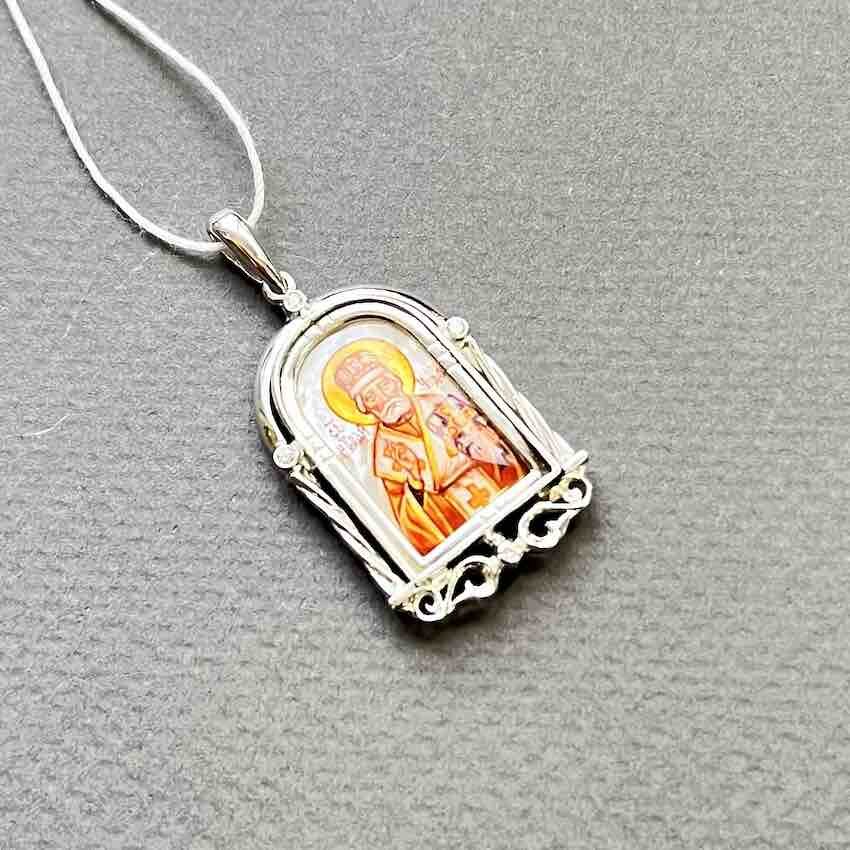 Купить Образ из белого золота "Святой Николай Чудотворец" с бриллиантами (51067)