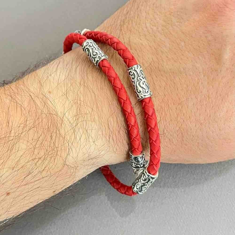 Купить Браслет из кожи и серебра "Византийский узор" (12294)