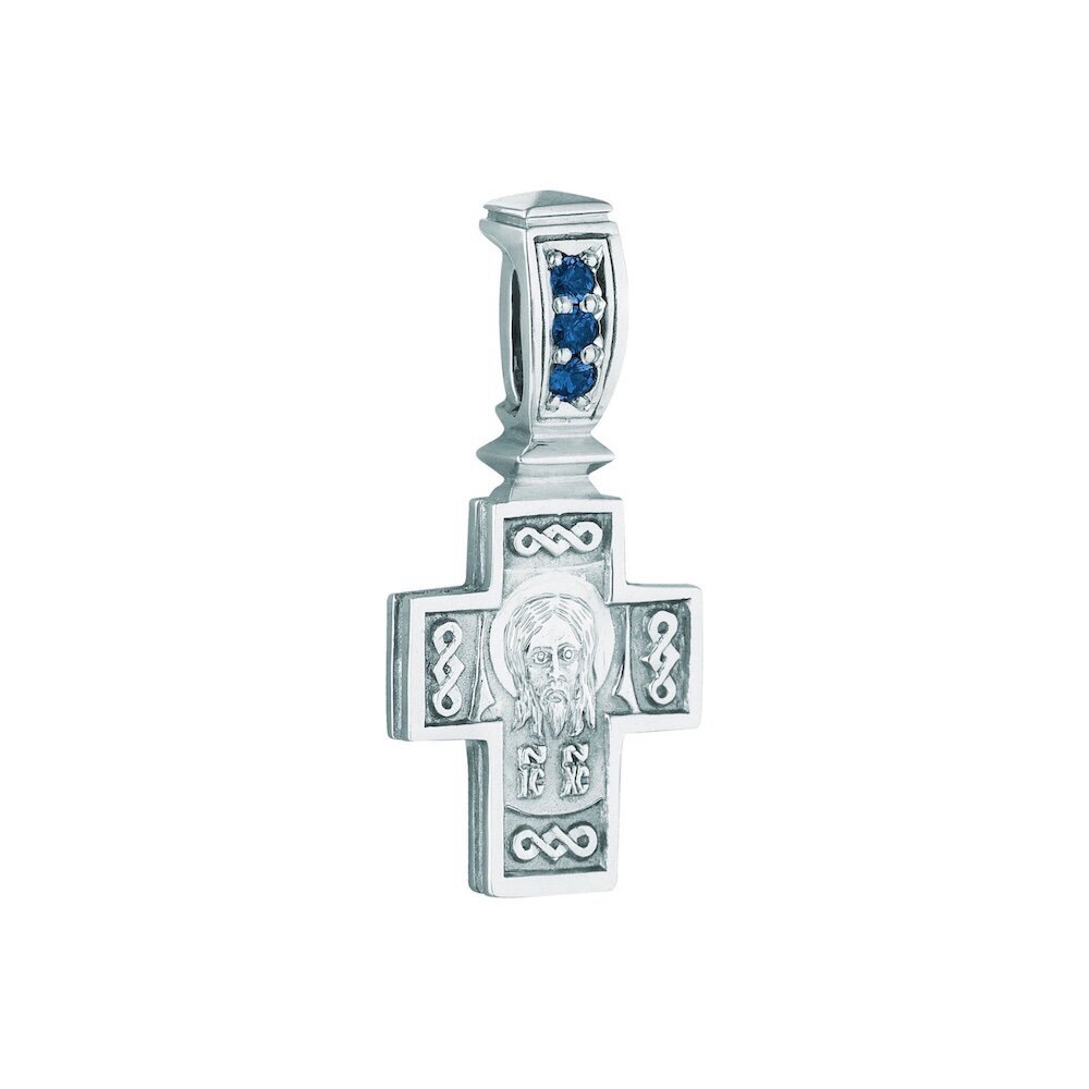 Купить Крест из белого золота "Спас Нерукотворный" с сапфирами (41049)