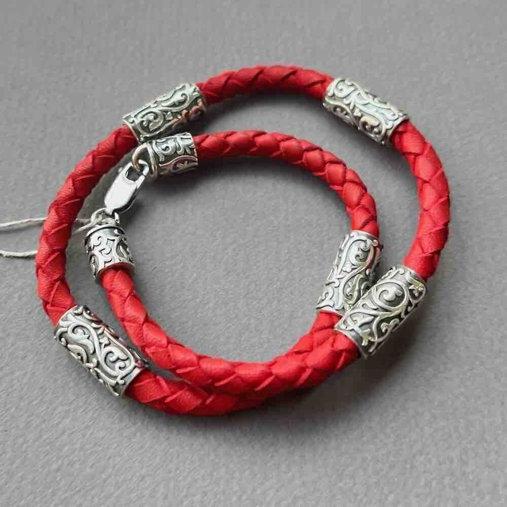 Купить Браслет из кожи и серебра "Византийский узор" (12294)