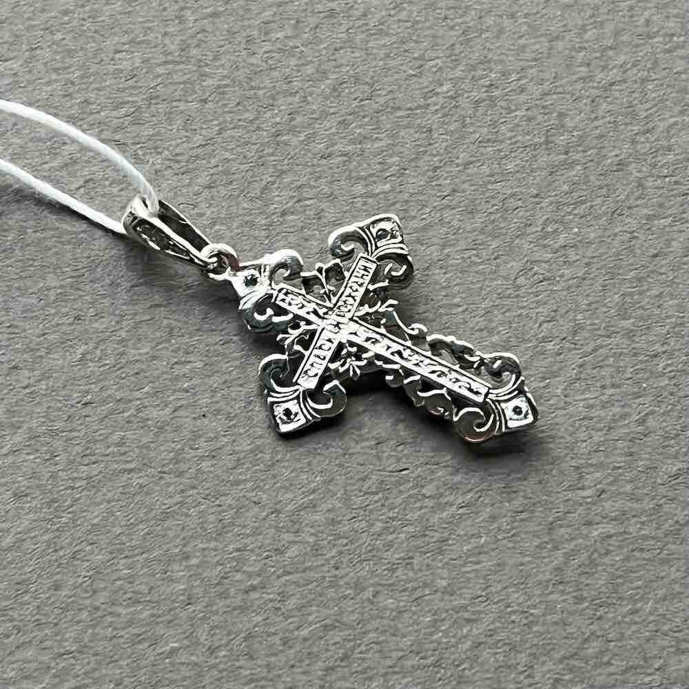 Купить Крест из белого золота "Спаси и Сохрани" с сапфирами (41526)