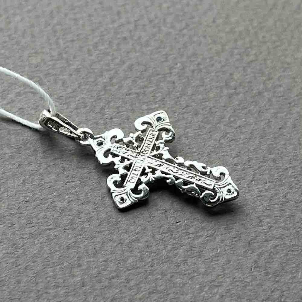 Купить Крест из белого золота "Спаси и Сохрани" с сапфирами (41526)