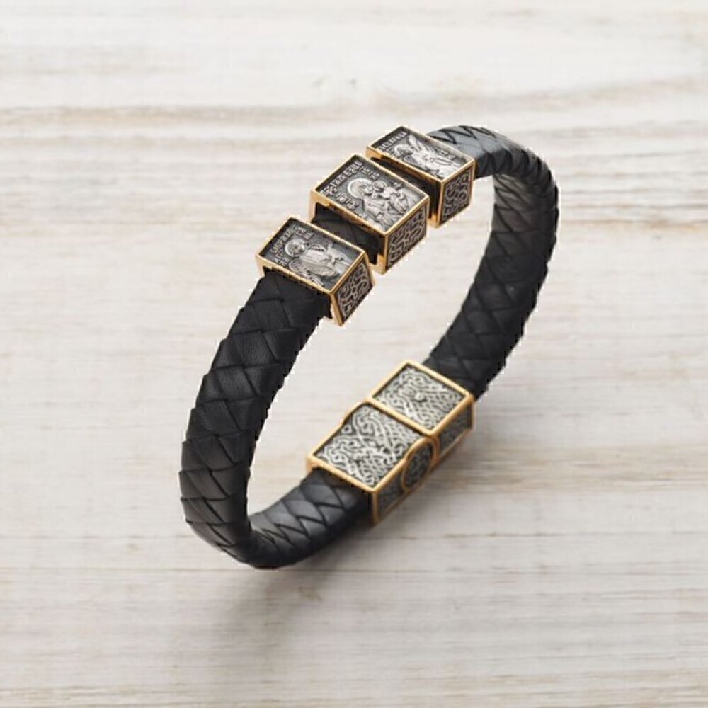 Купить Браслет из кожи и серебра "Божия Матерь Всецарица" (12440)