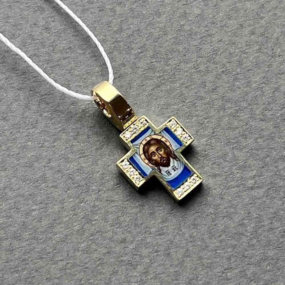 Купить Крест из желтого золота "Спас Нерукотворный" с бриллиантами и эмалью (41539)