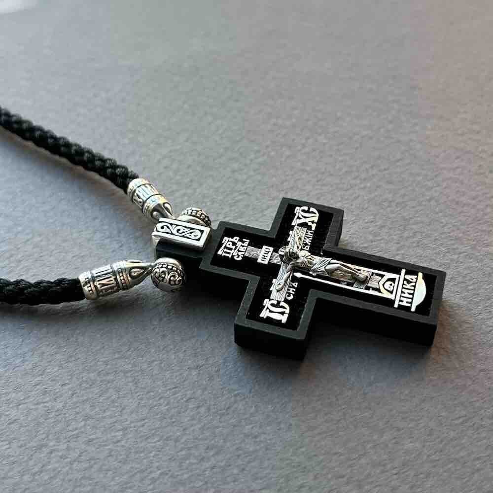 Купить Крест из дерева граб и серебра "Святой Николай Чудотворец" на гайтане (42817)