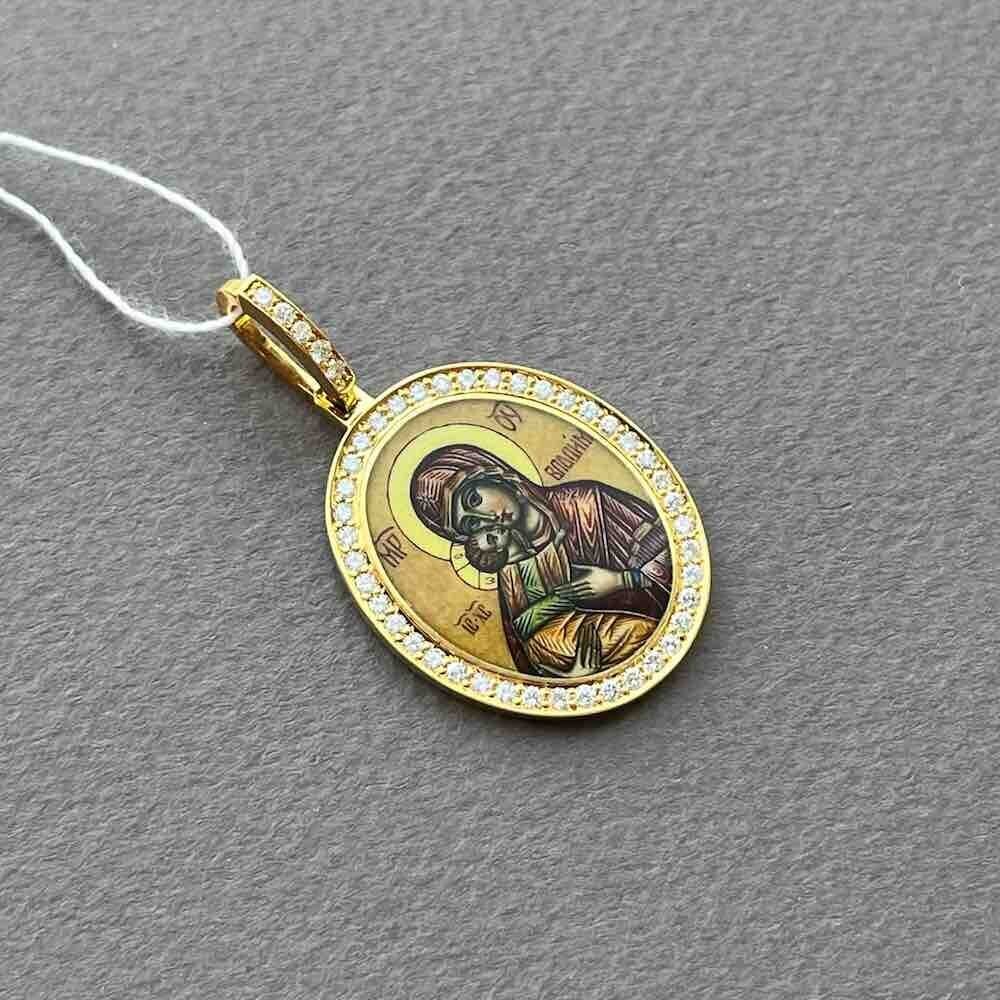 Купить Образ из желтого золота "Божия Матерь Владимирская" с бриллиантами и эмалью (51073)