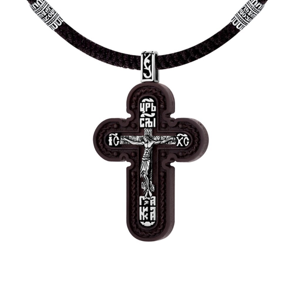 Купить Крест из дерева граб и серебра "Спаси и Сохрани" на гайтане (42655)