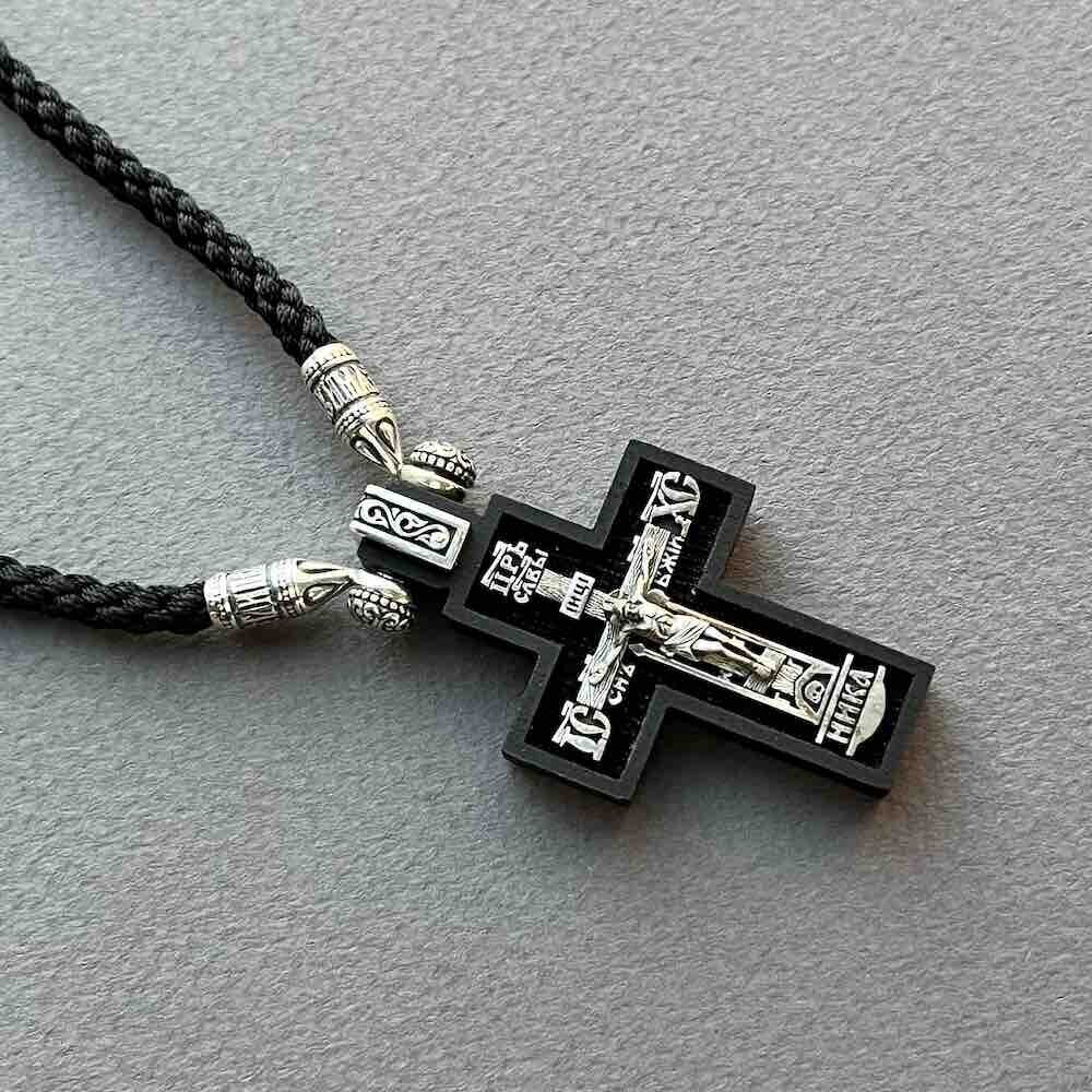 Купить Крест из дерева граб и серебра "Святой Николай Чудотворец" на гайтане (42817)