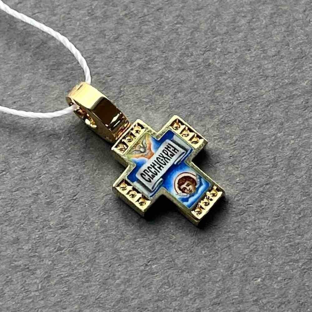 Купить Крест из желтого золота "Спас Нерукотворный" с бриллиантами и эмалью (41539)