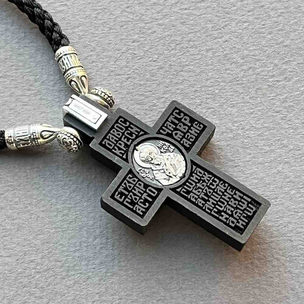 Купить Крест из дерева граб и серебра "Святой Николай Чудотворец" на гайтане (42817)