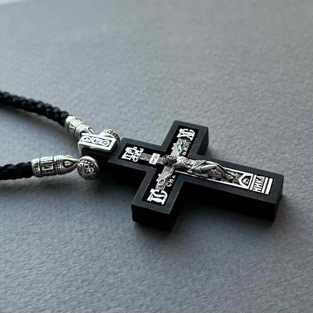 Купить Крест из дерева граб и серебра "Святой Николай Чудотворец" на гайтане (42816)