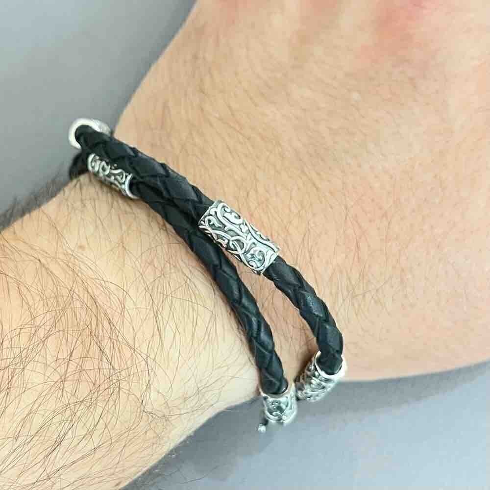 Купить Браслет из кожи и серебра "Византийский узор" (12293)