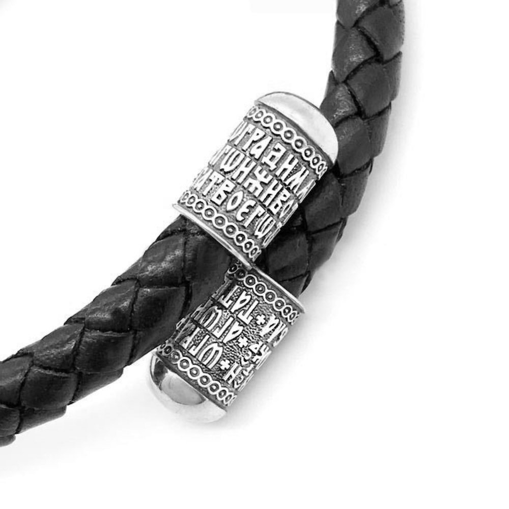 Купить Браслет из кожи и серебра "Животворящему Кресту" (12403)