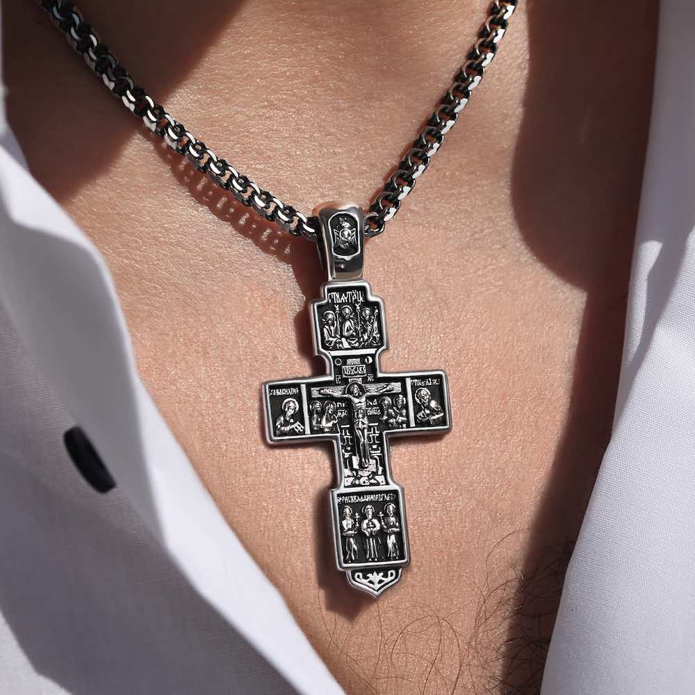 Купить Крест из серебра "Святые покровители" (42728)