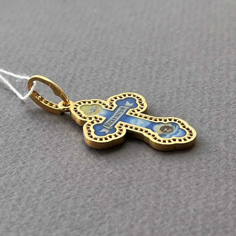 Купить Крест из желтого золота "Спаси и Сохрани" с бриллиантами и эмалью (41373)