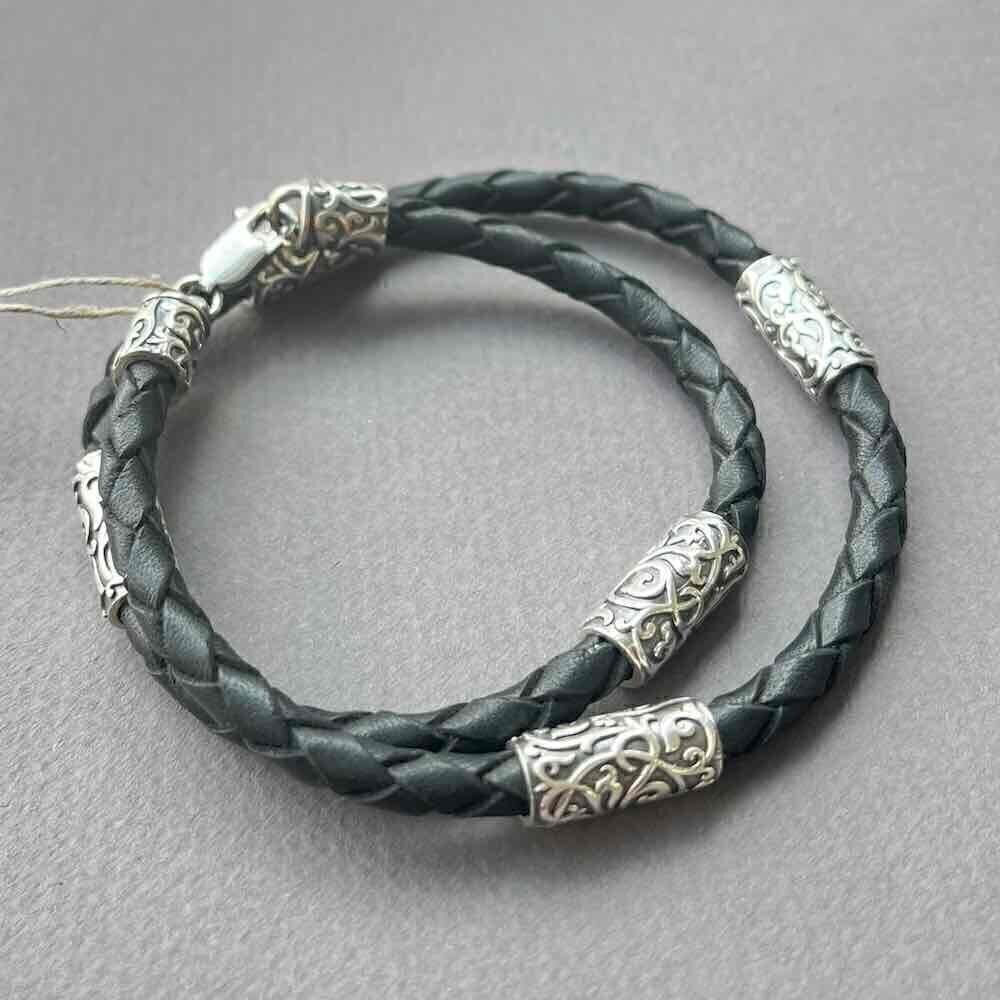 Купить Браслет из кожи и серебра "Византийский узор" (12293)