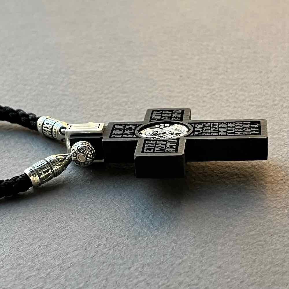 Купить Крест из дерева граб и серебра "Святой Николай Чудотворец" на гайтане (42817)