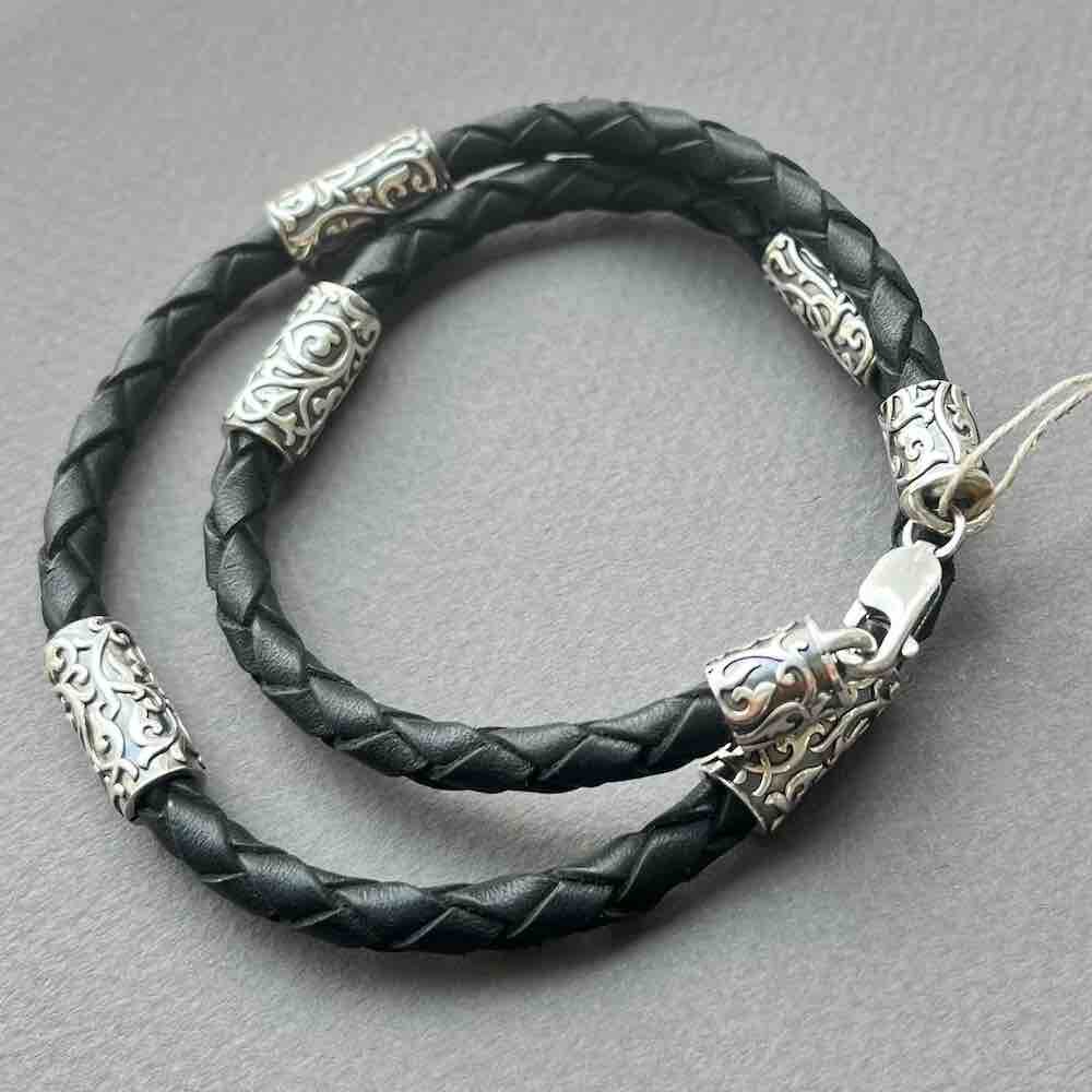 Купить Браслет из кожи и серебра "Византийский узор" (12293)