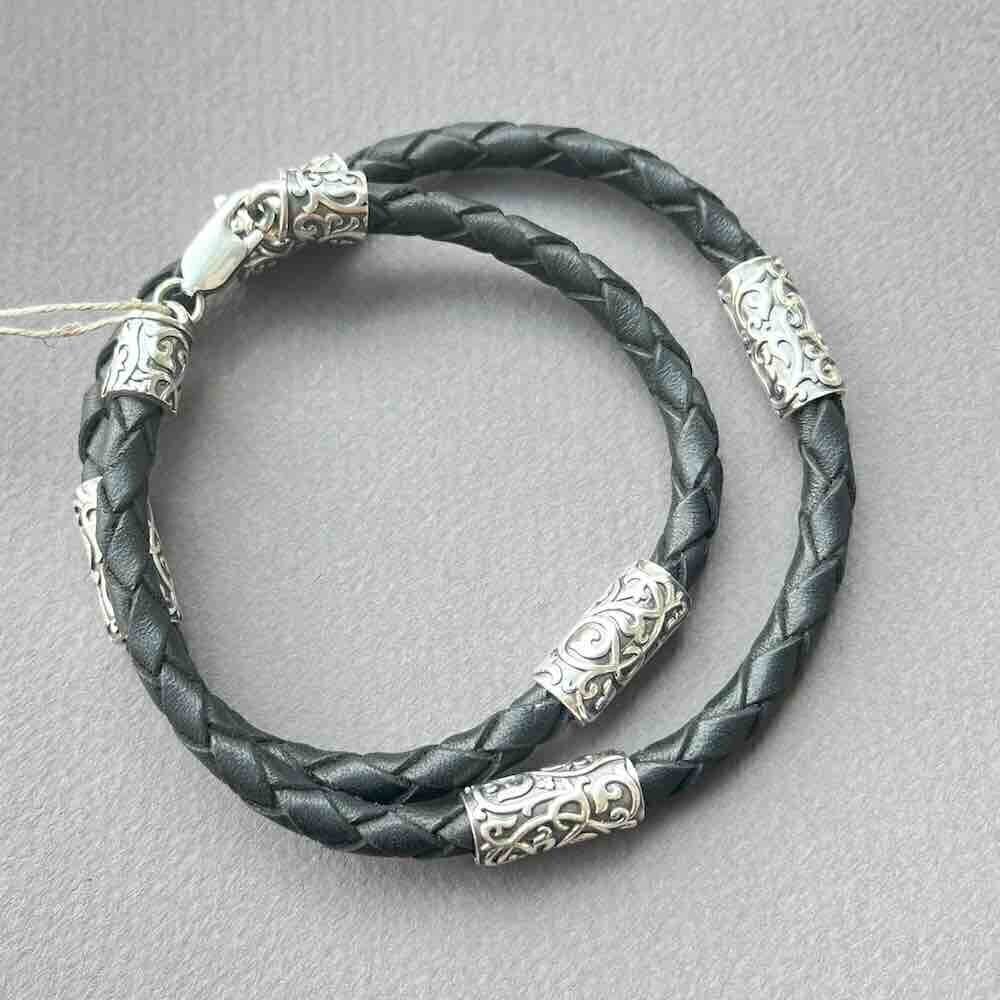 Купить Браслет из кожи и серебра "Византийский узор" (12293)