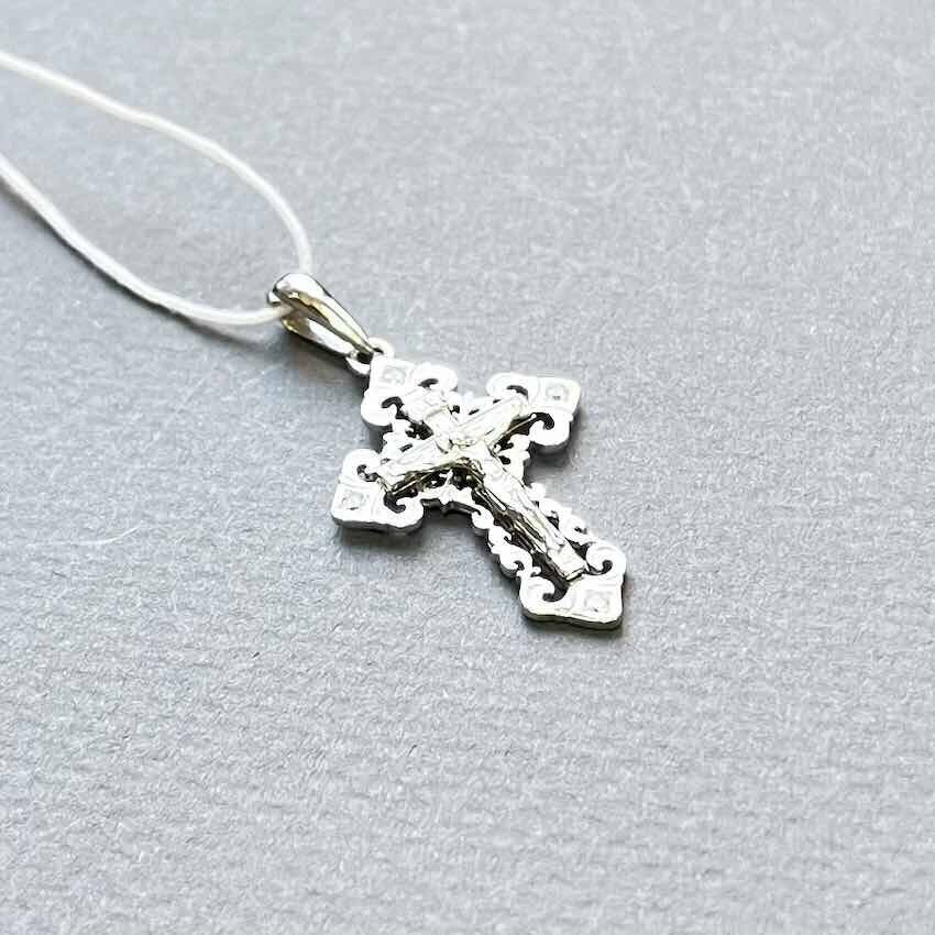 Купить Крест из белого золота "Спаси и Сохрани" с фианитами (41285)