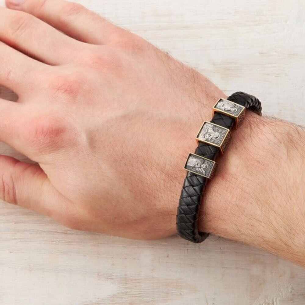 Купить Браслет из кожи и серебра "Божия Матерь Всецарица" (12440)