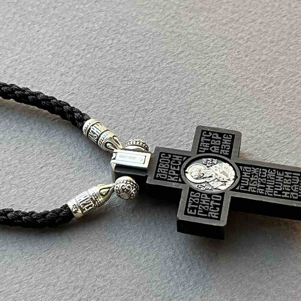 Купить Крест из дерева граб и серебра "Святой Николай Чудотворец" на гайтане (42817)