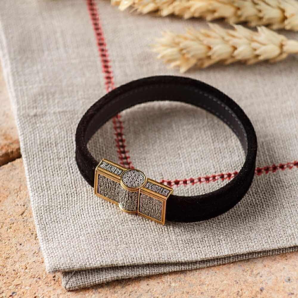 Купить Браслет из кожи и серебра "Материнская молитва" (12389)